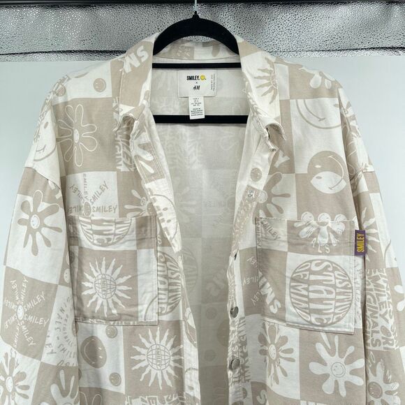 Smiley x H&M Unisex Oversized Tan Beige Graphic Denim Jacket Size Small - Picture 3 of 14
